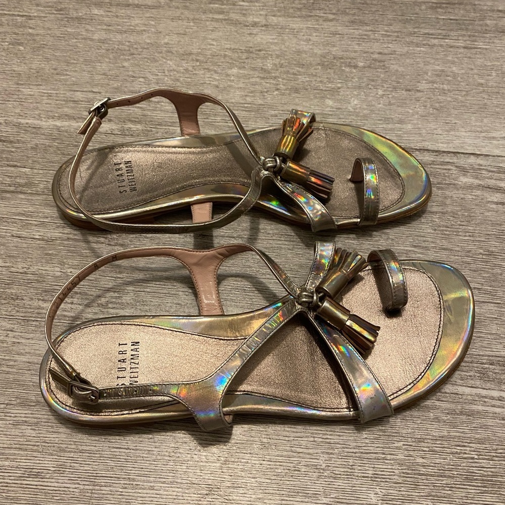 Stuart Weitzman pewter size 8M sandals W toe hold and back strap. Has tassels - Picture 2 of 13